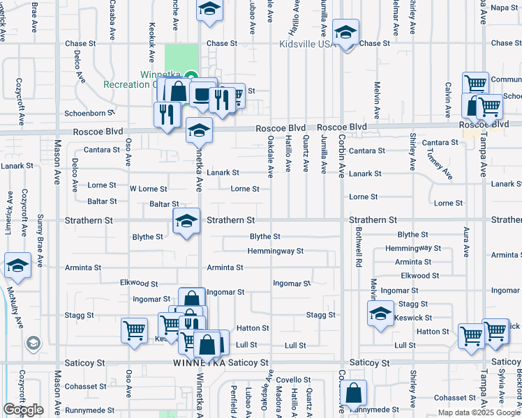 map of restaurants, bars, coffee shops, grocery stores, and more near 8016 Lubao Avenue in Los Angeles