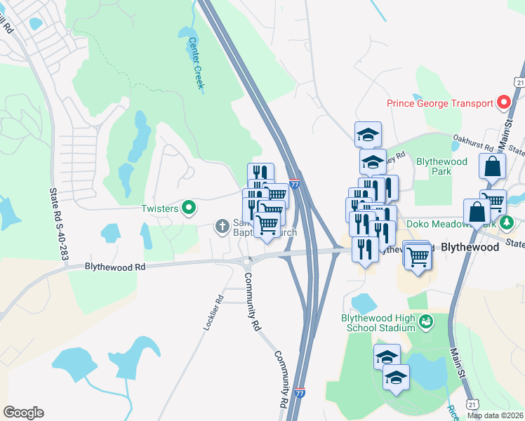 map of restaurants, bars, coffee shops, grocery stores, and more near 740 University Village Drive in Blythewood