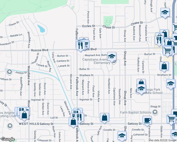 map of restaurants, bars, coffee shops, grocery stores, and more near 22700 Baltar Street in Los Angeles
