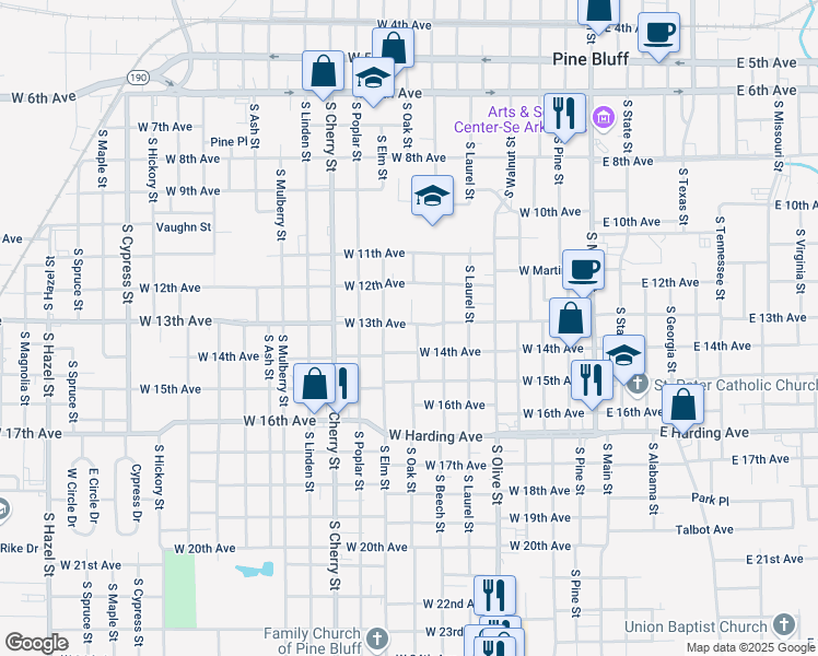 map of restaurants, bars, coffee shops, grocery stores, and more near 709 West 13th Avenue in Pine Bluff
