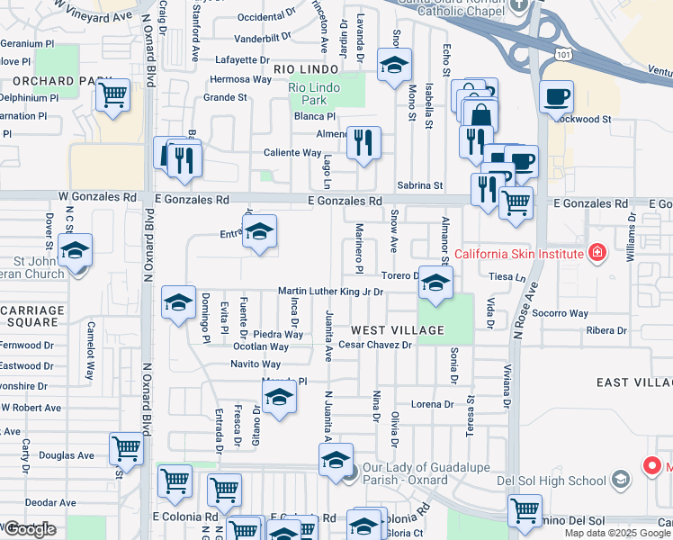 map of restaurants, bars, coffee shops, grocery stores, and more near 1519 Limonero Place in Oxnard