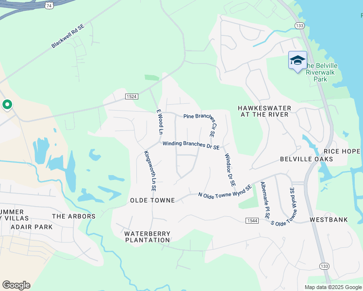 map of restaurants, bars, coffee shops, grocery stores, and more near 10023 Winding Branches Drive Southeast in Leland