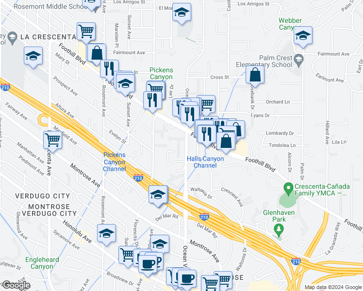 map of restaurants, bars, coffee shops, grocery stores, and more near 4447 Ocean View Boulevard in La Crescenta-Montrose