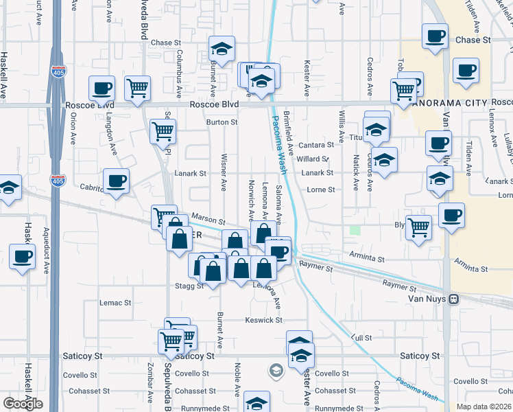 map of restaurants, bars, coffee shops, grocery stores, and more near 8004 Norwich Avenue in Los Angeles
