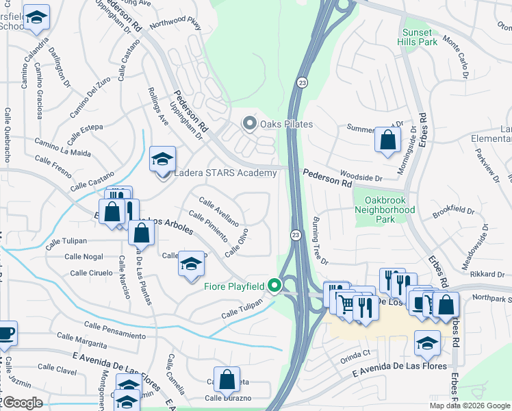 map of restaurants, bars, coffee shops, grocery stores, and more near 1444 Calle Morera in Thousand Oaks