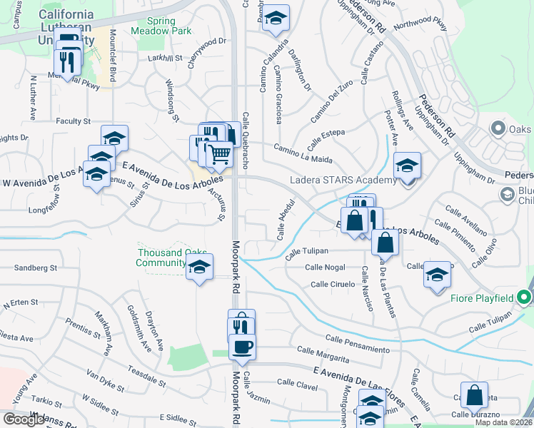 map of restaurants, bars, coffee shops, grocery stores, and more near 2797 Calle Bienvenido in Thousand Oaks