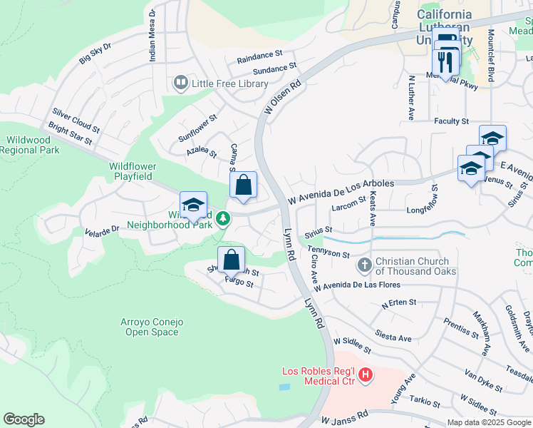 map of restaurants, bars, coffee shops, grocery stores, and more near 453 Serento Circle in Thousand Oaks