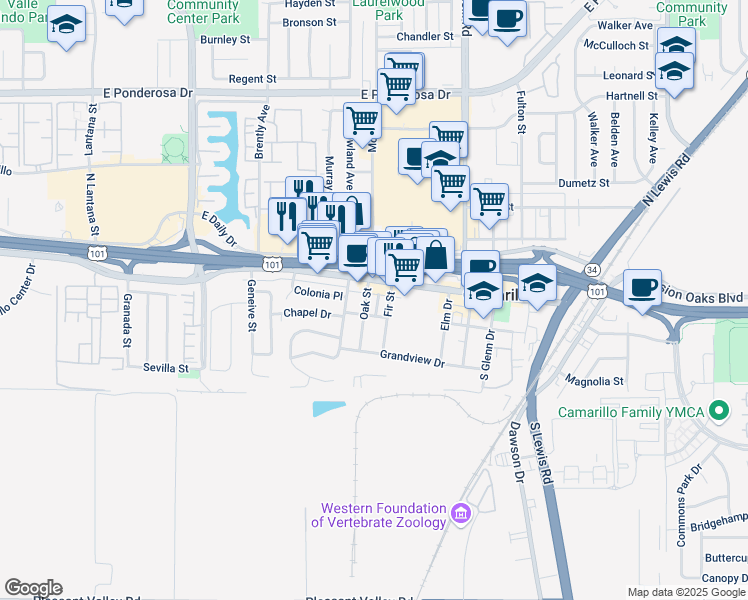 map of restaurants, bars, coffee shops, grocery stores, and more near 2050 Ventura Boulevard in Camarillo