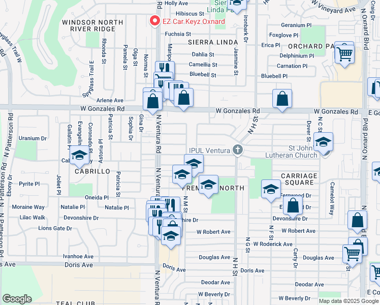 map of restaurants, bars, coffee shops, grocery stores, and more near 1521 Lakehurst Street in Oxnard