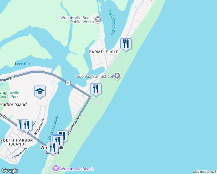 map of restaurants, bars, coffee shops, grocery stores, and more near 8 Sandpiper Street in Wrightsville Beach