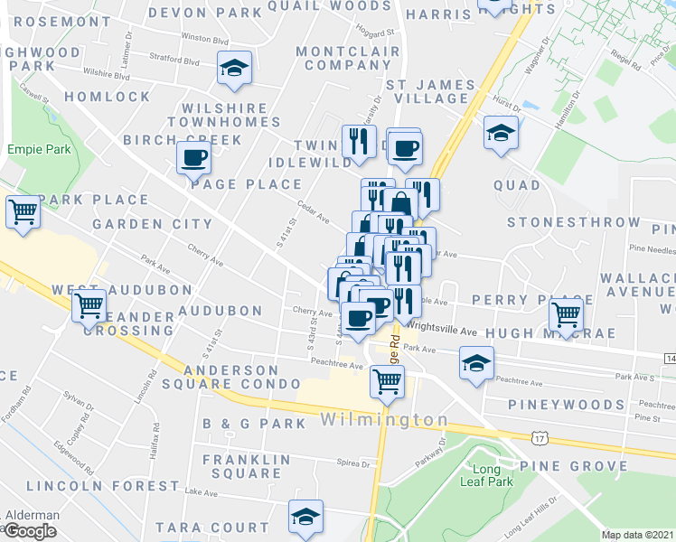 map of restaurants, bars, coffee shops, grocery stores, and more near 1021 South 43rd Street in Wilmington