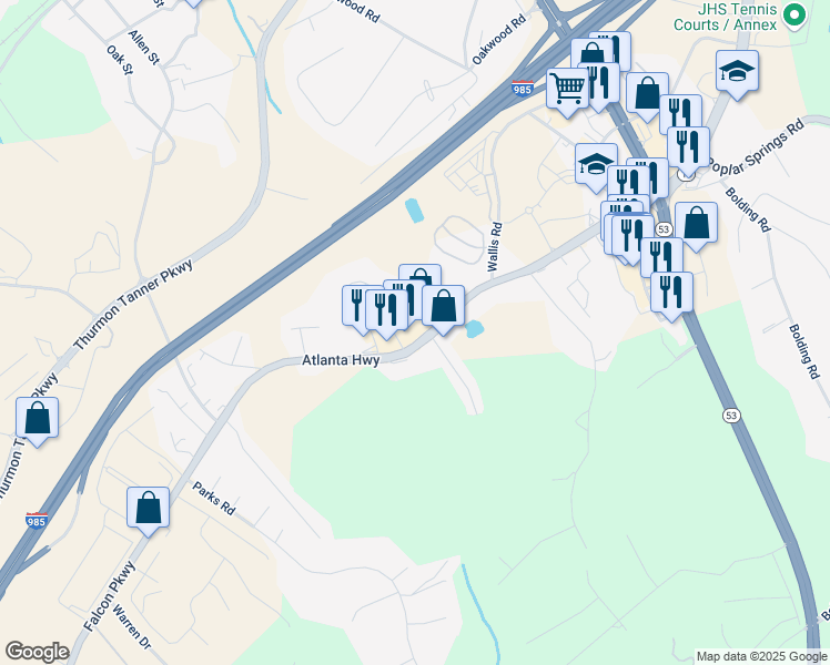 map of restaurants, bars, coffee shops, grocery stores, and more near 3584 Atlanta Highway in Flowery Branch