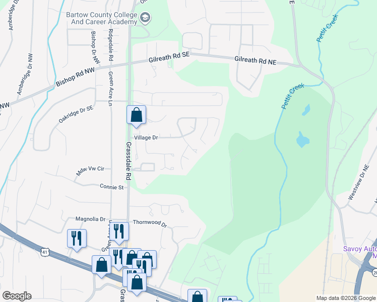 map of restaurants, bars, coffee shops, grocery stores, and more near 13 Hampton Drive in Cartersville