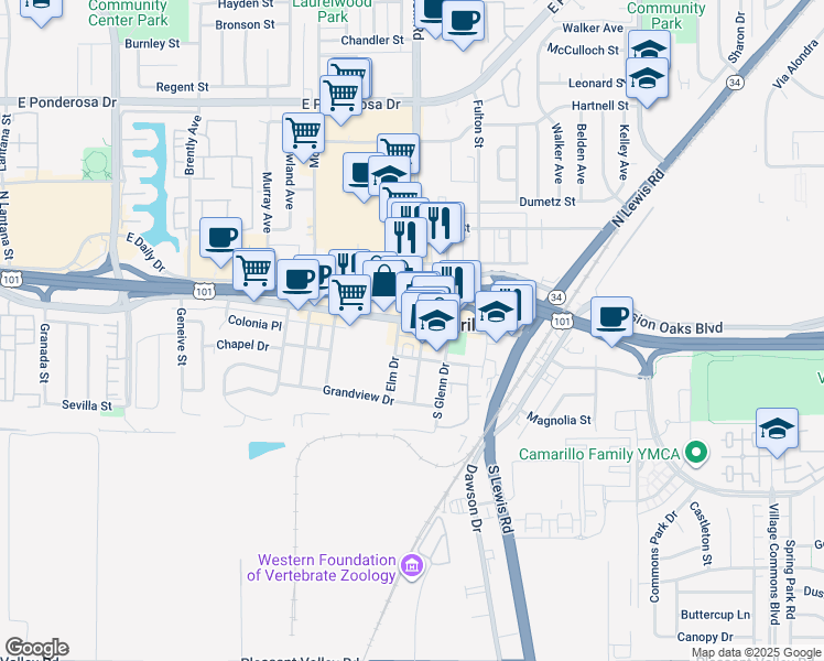 map of restaurants, bars, coffee shops, grocery stores, and more near 2315 Ventura Boulevard in Camarillo