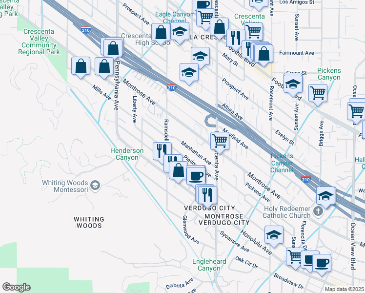 map of restaurants, bars, coffee shops, grocery stores, and more near 2920 Manhattan Avenue in Glendale
