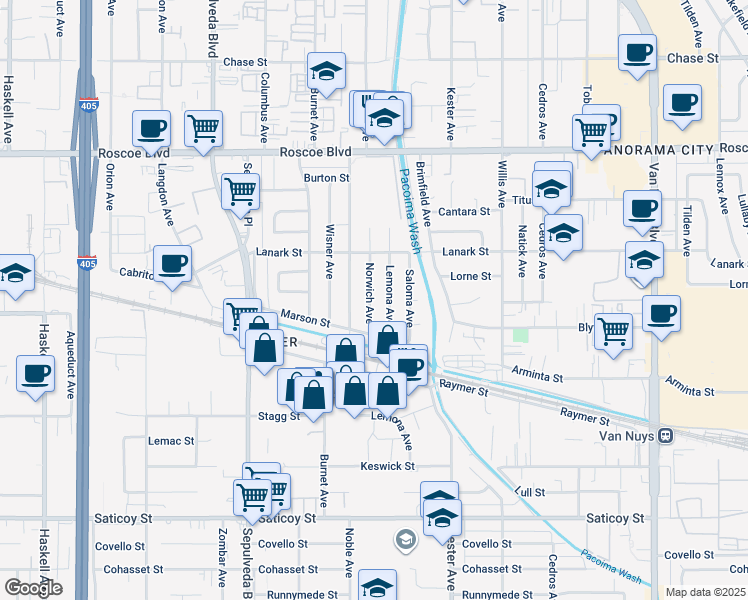 map of restaurants, bars, coffee shops, grocery stores, and more near 8004 Norwich Avenue in Los Angeles