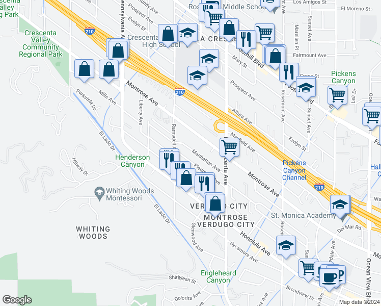 map of restaurants, bars, coffee shops, grocery stores, and more near 2920 Manhattan Avenue in Glendale