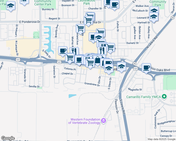 map of restaurants, bars, coffee shops, grocery stores, and more near 52 Fir Street in Camarillo