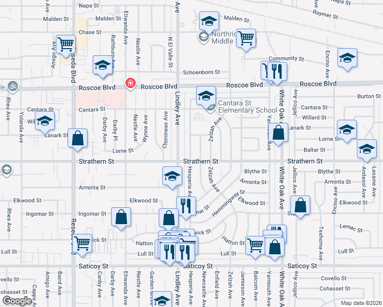 map of restaurants, bars, coffee shops, grocery stores, and more near 8025 Newcastle Avenue in Los Angeles