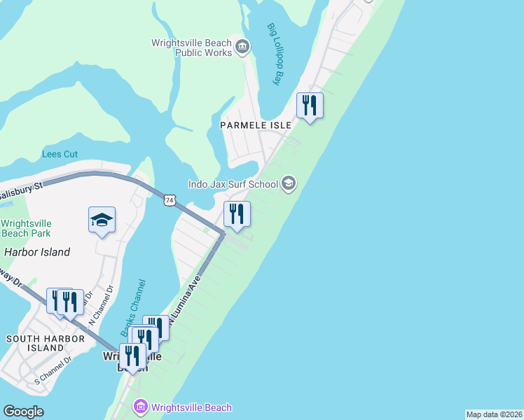 map of restaurants, bars, coffee shops, grocery stores, and more near 8 Sandpiper Street in Wrightsville Beach