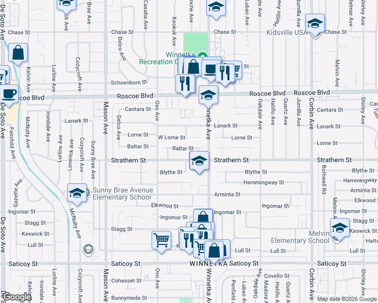 map of restaurants, bars, coffee shops, grocery stores, and more near 20152 Baltar Street in Los Angeles