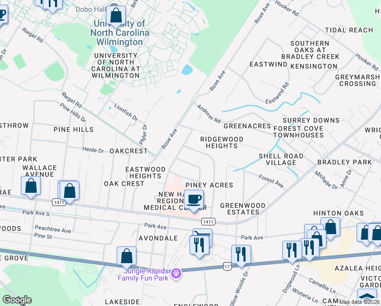 map of restaurants, bars, coffee shops, grocery stores, and more near 243 Huntington Road in Wilmington