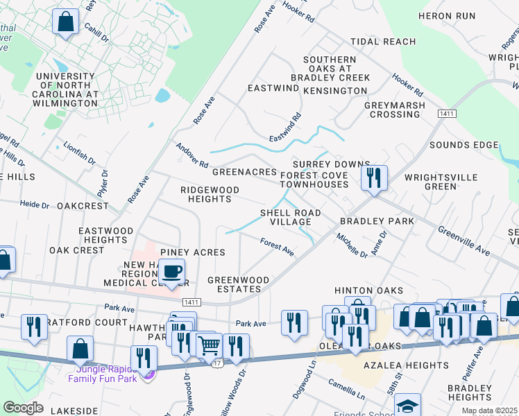 map of restaurants, bars, coffee shops, grocery stores, and more near 5446 Ridgewood Heights Drive in Wilmington