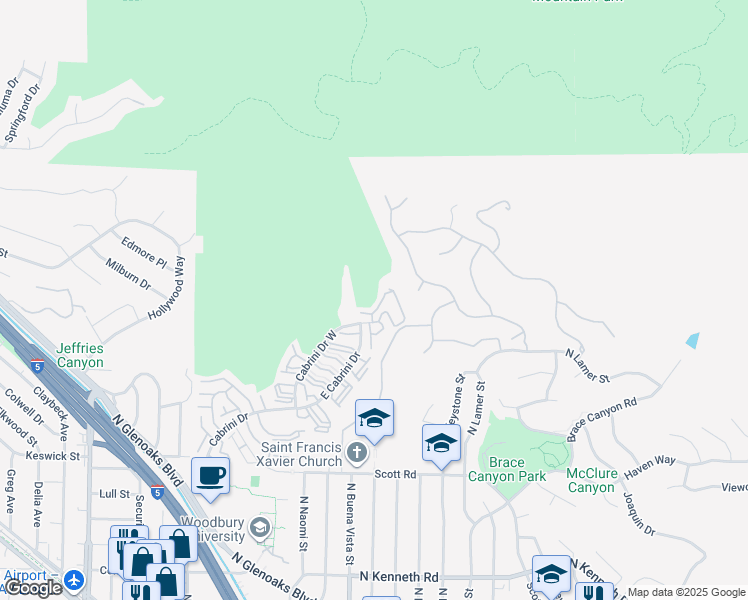 map of restaurants, bars, coffee shops, grocery stores, and more near 9351 Via Crema in Burbank