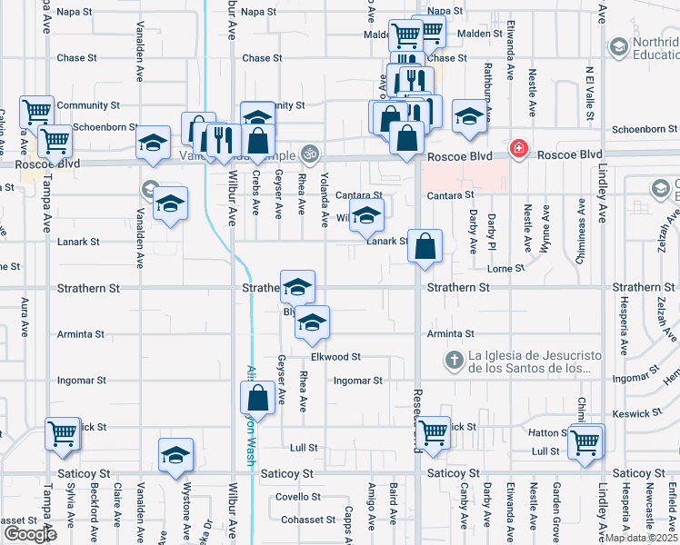 map of restaurants, bars, coffee shops, grocery stores, and more near 18643 Strathern Street in Los Angeles