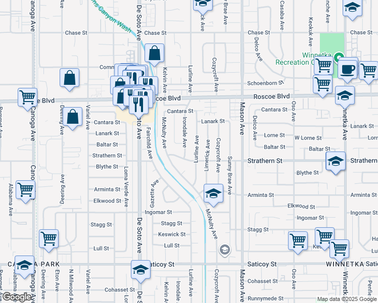 map of restaurants, bars, coffee shops, grocery stores, and more near 8026 Irondale Avenue in Los Angeles