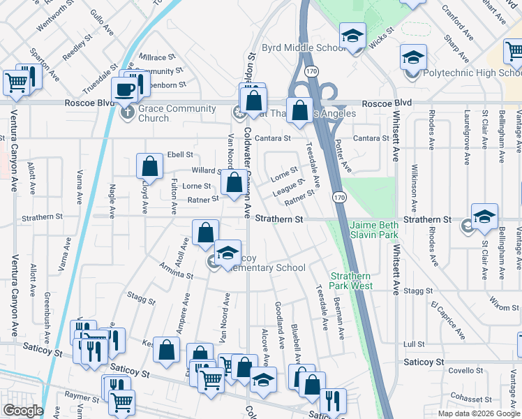 map of restaurants, bars, coffee shops, grocery stores, and more near 8011 Bellaire Avenue in Los Angeles