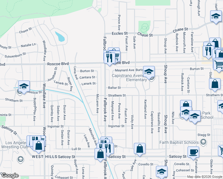 map of restaurants, bars, coffee shops, grocery stores, and more near 22734 Baltar Street in Los Angeles