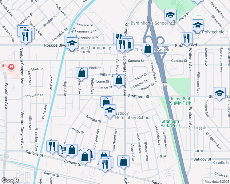 map of restaurants, bars, coffee shops, grocery stores, and more near 8011 Bellaire Avenue in Los Angeles