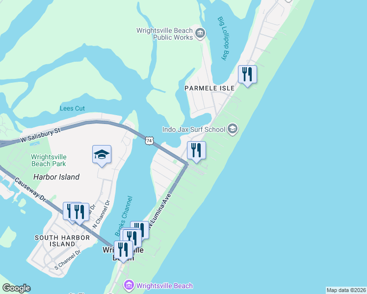 map of restaurants, bars, coffee shops, grocery stores, and more near 7 Lagoon Drive in Wrightsville Beach