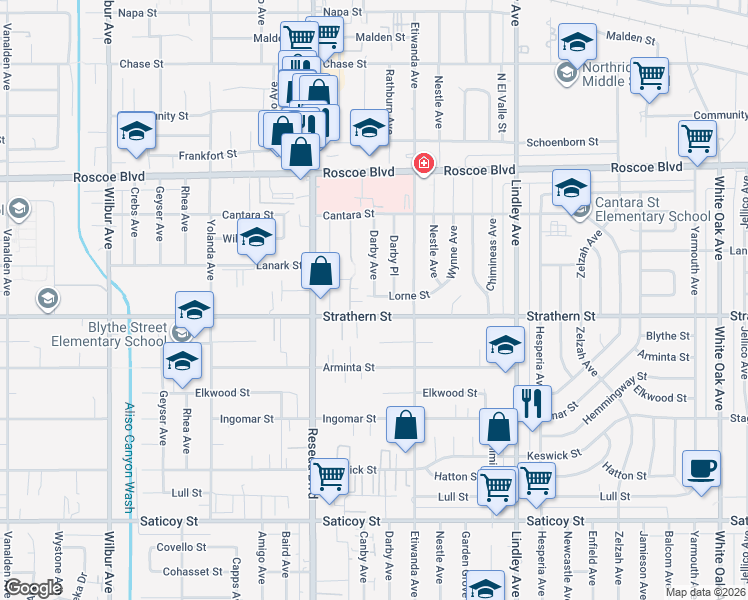 map of restaurants, bars, coffee shops, grocery stores, and more near 8025 Darby Place in Los Angeles