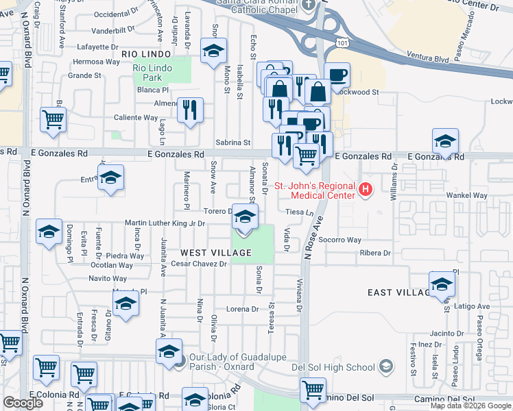 map of restaurants, bars, coffee shops, grocery stores, and more near 1524 Almanor Street in Oxnard