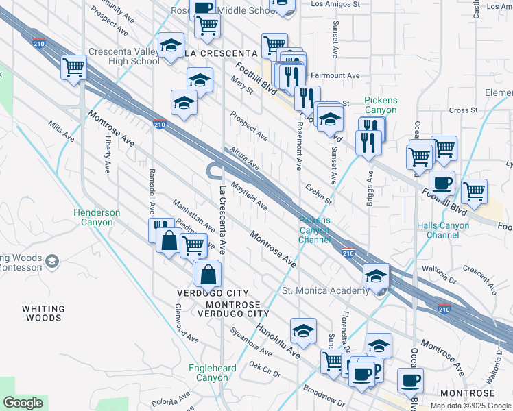 map of restaurants, bars, coffee shops, grocery stores, and more near 2710 Mayfield Avenue in La Crescenta-Montrose