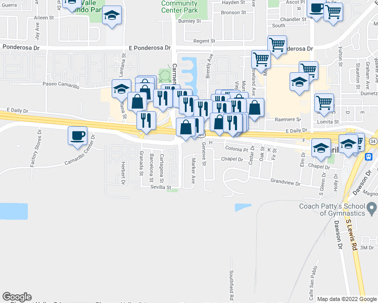 map of restaurants, bars, coffee shops, grocery stores, and more near 1675 Chapel Drive in Camarillo