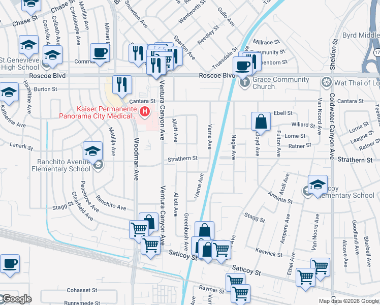 map of restaurants, bars, coffee shops, grocery stores, and more near 8008 Greenbush Avenue in Los Angeles