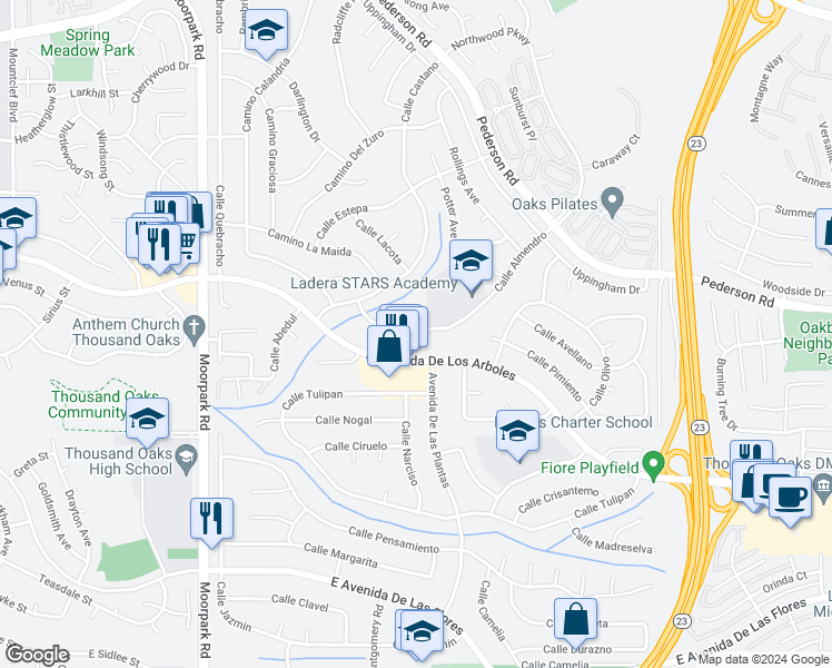 map of restaurants, bars, coffee shops, grocery stores, and more near 1106 Calle Almendro in Thousand Oaks