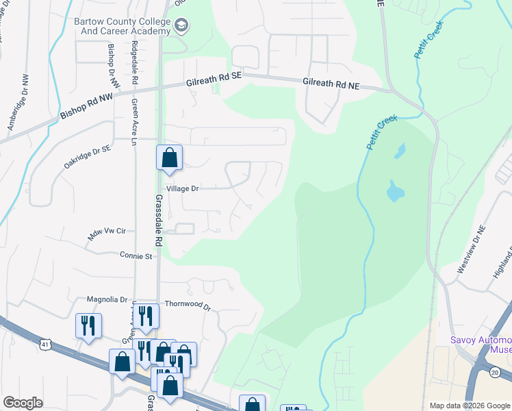 map of restaurants, bars, coffee shops, grocery stores, and more near 12 Benfield Circle Southeast in Cartersville