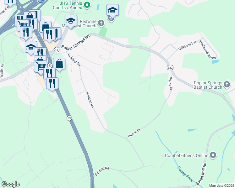 map of restaurants, bars, coffee shops, grocery stores, and more near 3693 E Bolding Rd in Flowery Branch
