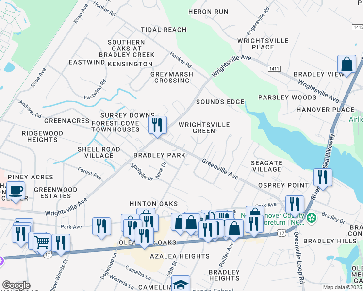 map of restaurants, bars, coffee shops, grocery stores, and more near 6007 Larson Place in Wilmington