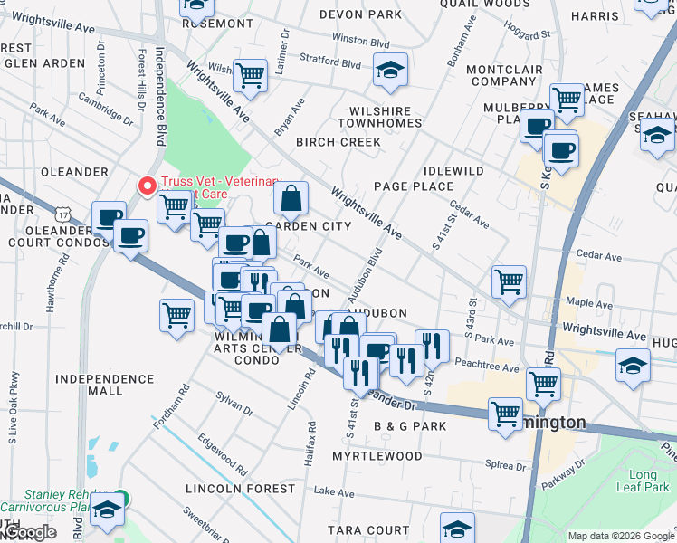 map of restaurants, bars, coffee shops, grocery stores, and more near 3914 Cherry Avenue in Wilmington