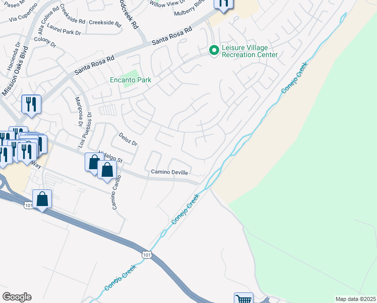 map of restaurants, bars, coffee shops, grocery stores, and more near 20135 Village 20 in Camarillo