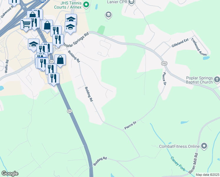 map of restaurants, bars, coffee shops, grocery stores, and more near 3685 East Bolding Road in Flowery Branch