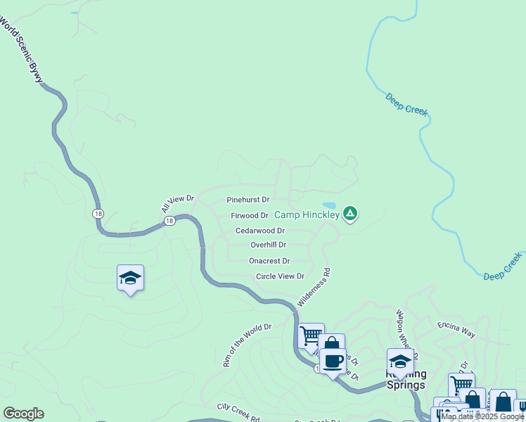 map of restaurants, bars, coffee shops, grocery stores, and more near 31395 Pinehurst Drive in Running Springs