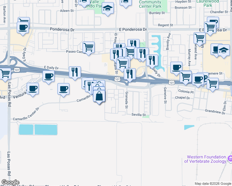 map of restaurants, bars, coffee shops, grocery stores, and more near 1150 Ventura Boulevard in Camarillo