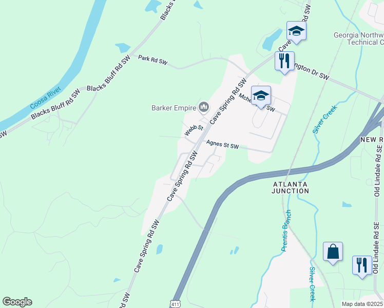 map of restaurants, bars, coffee shops, grocery stores, and more near 1404 Cave Spring Road Southwest in Rome