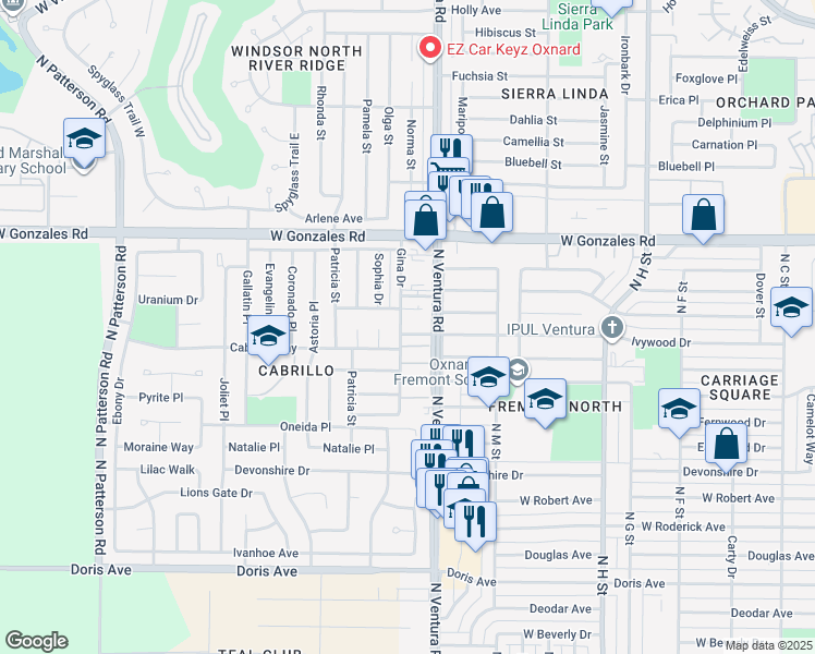 map of restaurants, bars, coffee shops, grocery stores, and more near 1531 Ivywood Drive in Oxnard